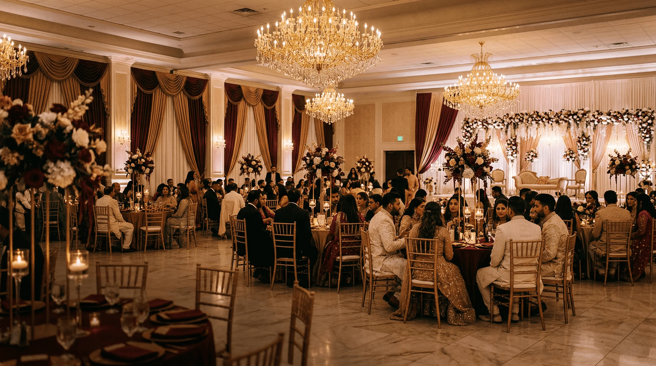Luxurious Pakistani wedding banquet hall with golden lighting and red drapes